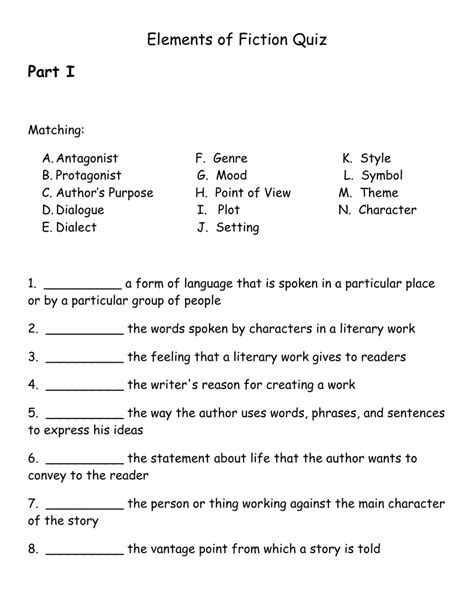 elements of fiction matching worksheet